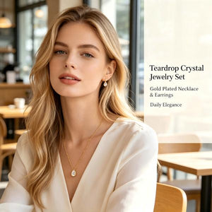 Dainty Teardrop CZ Necklace & Stud Earrings Set 14K Gold Plated Minimal Jewelry For Daily & Wedding