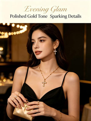 Diamond Cross Jewelry Set, 18K Gold Plated Stainless Steel Cross Necklace Bracelet Earrings Ring Stackable Christian Jewelry Gift for Women