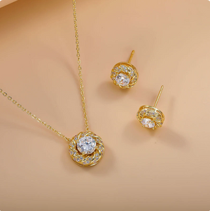14K Gold Plated Dainty Cubic Zirconia Jewelry Sets | Necklace & Stud Earrings Matching Sets for Women Everyday Wear & Gifting