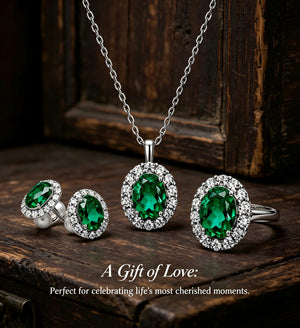 Old Money Style Emerald Halo Necklace Earrings Ring Jewelry Kit