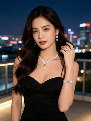 Teardrop Cubic Zirconia Bridal Jewelry Set 5Pcs Wedding Necklace Earrings Ring Bracelet for Bride Prom Party