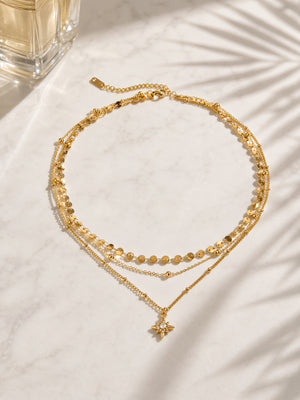 Adjustable 3-Tier North Star Layered Necklace, 18K Gold Plated Waterproof Hypoallergenic Stainless Steel Star Pendant Necklace, Versatile Dainty Jewelry Gift For Her