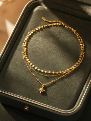 Adjustable 3-Tier North Star Layered Necklace, 18K Gold Plated Waterproof Hypoallergenic Stainless Steel Star Pendant Necklace, Versatile Dainty Jewelry Gift For Her
