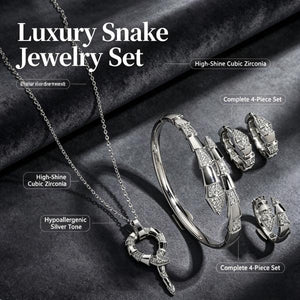 4Pcs Snake Jewelry Set for Women Pave Cubic Zirconia Statement Necklace Bangle Huggie Earrings Ring