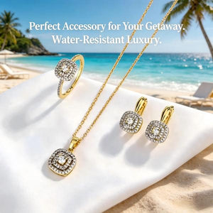 18K Gold Plated Double Halo Square CZ Jewelry Set | Necklace, Earrings & Ring