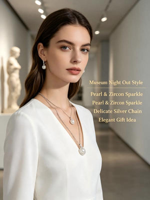 Elegant Round Pearl Zircon Jewelry Set, Silver Matching Necklace & Earrings for Wedding Party