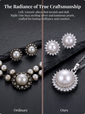 Silver Sunburst Cubic Zirconia Pearl Jewelry Set 3 in 1 Matching Necklace Earrings Ring Elegant Bridal Wedding Pearl Accessory Set For Women Daily Party Gift