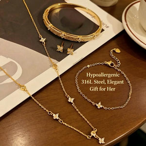 18K Gold Plated Clover CZ 4-Piece Jewelry Set | Waterproof Hypoallergenic Surgical Steel