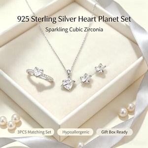 3Pcs Heart Planet 925 Sterling Silver Jewelry Set, Heart Saturn CZ Necklace Stud Earrings Adjustable Open Ring Gift For Women