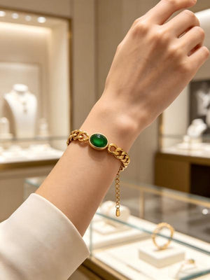 European and American style 14k gold plated necklace and bracelet set, versatile, light luxury polished chain, high-end emerald bracelet