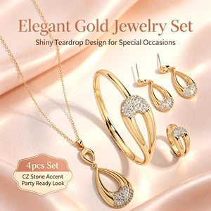 Hollow Water Drop Rhinestone Necklace Earrings Bracelet Ring Jewelry Set For Women