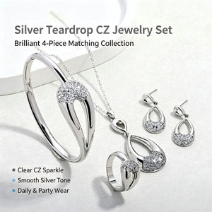 Hollow Water Drop Rhinestone Necklace Earrings Bracelet Ring Jewelry Set For Women