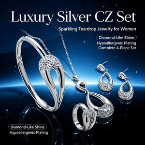 Hollow Water Drop Rhinestone Necklace Earrings Bracelet Ring Jewelry Set For Women