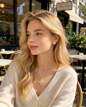 14K Gold Plated Four Leaf Clover CZ Jewelry Set Dainty Sparkling Crystal Pendant Necklace Matching Stud Earrings Luxury Women Wedding Daily Stackable Jewelry Gift For Her