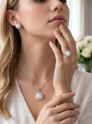 Silver Sunburst Cubic Zirconia Pearl Jewelry Set 3 in 1 Matching Necklace Earrings Ring Elegant Bridal Wedding Pearl Accessory Set For Women Daily Party Gift