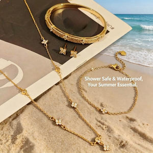 18K Gold Plated Clover CZ 4-Piece Jewelry Set | Waterproof Hypoallergenic Surgical Steel