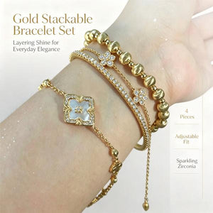 Women’s 4-Piece Stackable Bracelet Set, 14K Gold Plated & Silver Tone Available, Mother of Pearl Clover Charm Cubic Zirconia Layering Bracelets, Elegant Daily Party Jewelry Gift for Her