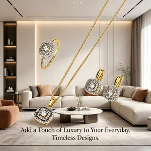 18K Gold Plated Double Halo Square CZ Jewelry Set | Necklace, Earrings & Ring