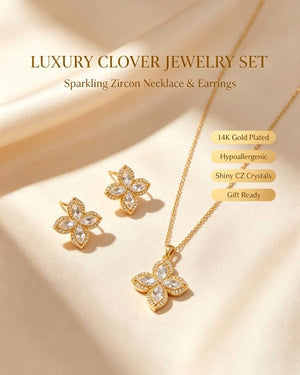14K Gold Plated Four Leaf Clover CZ Jewelry Set Dainty Sparkling Crystal Pendant Necklace Matching Stud Earrings Luxury Women Wedding Daily Stackable Jewelry Gift For Her