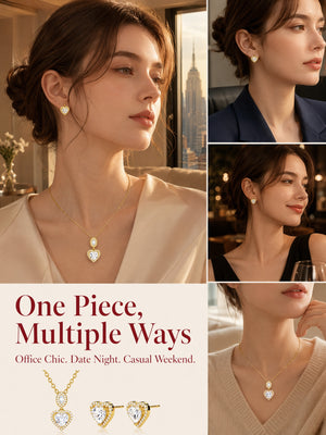 Heart Cubic Zirconia Jewelry Set, Dainty Halo Heart Pendant Necklace & Stud Earrings Matching Jewelry Set for Women