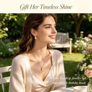 Dainty Teardrop CZ Necklace & Stud Earrings Set 14K Gold Plated Minimal Jewelry For Daily & Wedding