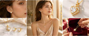 Heart Cubic Zirconia Jewelry Set, Dainty Halo Heart Pendant Necklace & Stud Earrings Matching Jewelry Set for Women