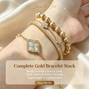 Women’s 4-Piece Stackable Bracelet Set, 14K Gold Plated & Silver Tone Available, Mother of Pearl Clover Charm Cubic Zirconia Layering Bracelets, Elegant Daily Party Jewelry Gift for Her