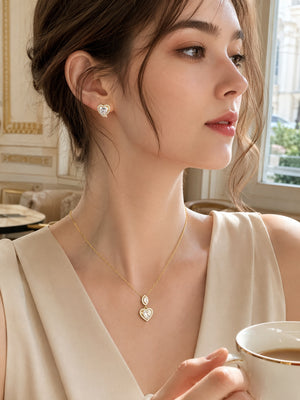 Heart Cubic Zirconia Jewelry Set, Dainty Halo Heart Pendant Necklace & Stud Earrings Matching Jewelry Set for Women