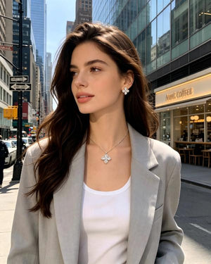 14K Gold Plated Four Leaf Clover CZ Jewelry Set Dainty Sparkling Crystal Pendant Necklace Matching Stud Earrings Luxury Women Wedding Daily Stackable Jewelry Gift For Her