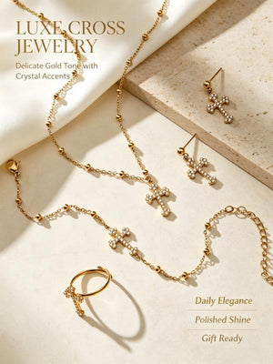 Diamond Cross Jewelry Set, 18K Gold Plated Stainless Steel Cross Necklace Bracelet Earrings Ring Stackable Christian Jewelry Gift for Women