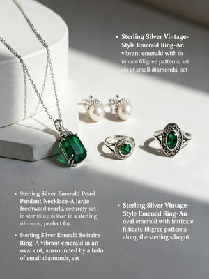Vintage Emerald Pearl 4Pcs 316L Stainless Steel Jewelry Set