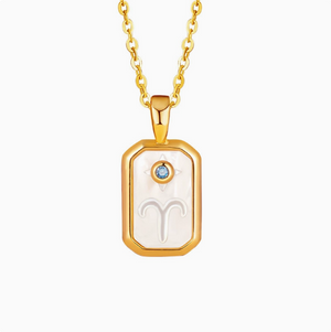 S925 Sterling Silver Gold-Plated Twelve Constellation Mother-of-Pearl Necklace | Dainty Zodiac Pendant with Blue Zircon