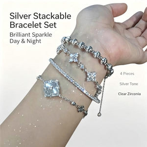 Women’s 4-Piece Stackable Bracelet Set, 14K Gold Plated & Silver Tone Available, Mother of Pearl Clover Charm Cubic Zirconia Layering Bracelets, Elegant Daily Party Jewelry Gift for Her