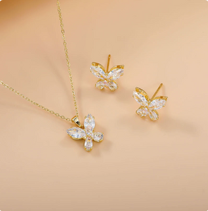 14K Gold Plated Dainty Cubic Zirconia Jewelry Sets | Necklace & Stud Earrings Matching Sets for Women Everyday Wear & Gifting
