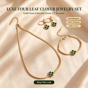 Emerald Green Clover Jewelry Set | 18K Gold Plated Stainless Steel
