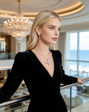 14K Gold Plated Four Leaf Clover CZ Jewelry Set Dainty Sparkling Crystal Pendant Necklace Matching Stud Earrings Luxury Women Wedding Daily Stackable Jewelry Gift For Her
