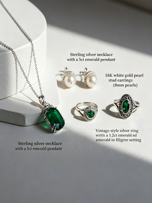 Vintage Emerald Pearl 4Pcs 316L Stainless Steel Jewelry Set