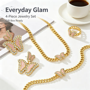 Pink Enamel Butterfly Jewelry Set | 14K Gold Plated Crystal Rhinestone Necklace Earrings Bracelet Ring