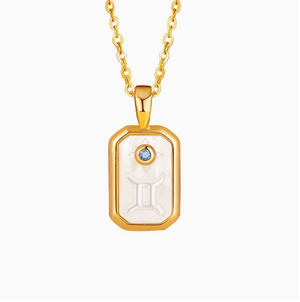S925 Sterling Silver Gold-Plated Twelve Constellation Mother-of-Pearl Necklace | Dainty Zodiac Pendant with Blue Zircon