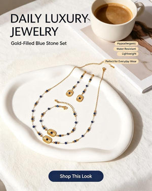 Vintage Radiant Rectangular Lapis Gemstone 3Pcs Jewelry Set, Adjustable Gold Beaded Necklace Bracelet Long Drop Earring Set