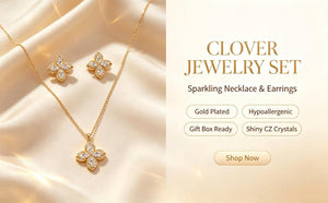 14K Gold Plated Four Leaf Clover CZ Jewelry Set Dainty Sparkling Crystal Pendant Necklace Matching Stud Earrings Luxury Women Wedding Daily Stackable Jewelry Gift For Her