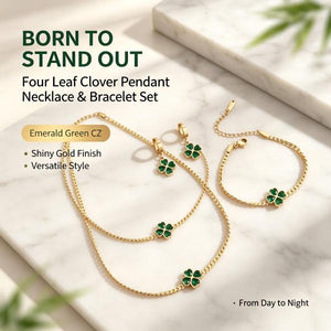 Emerald Green Clover Jewelry Set | 18K Gold Plated Stainless Steel