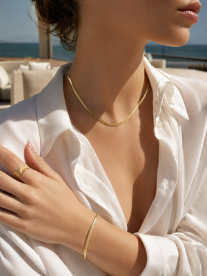 Dainty Flat Herringbone Snake Chain Necklace | Waterproof 18K Gold & Silver Plated Hypoallergenic Layering Choker
