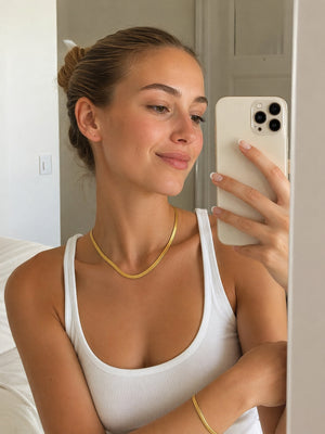 Dainty Flat Herringbone Snake Chain Necklace | Waterproof 18K Gold & Silver Plated Hypoallergenic Layering Choker