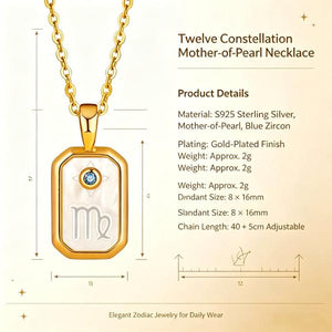 S925 Sterling Silver Gold-Plated Twelve Constellation Mother-of-Pearl Necklace | Dainty Zodiac Pendant with Blue Zircon