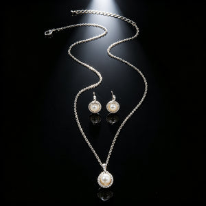 Elegant Round Pearl Zircon Jewelry Set, Silver Matching Necklace & Earrings for Wedding Party