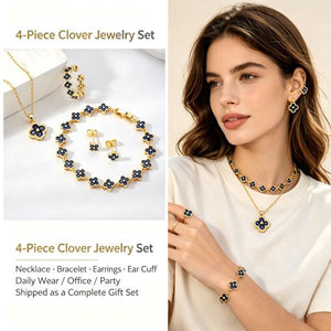 18K Gold Plated Four Leaf Clover Jewelry Set for Women, Sapphire Blue Cubic Zirconia Lucky Clover Necklace Bracelet Earrings Set, Tarnish Resistant Daily Party Jewelry Gift