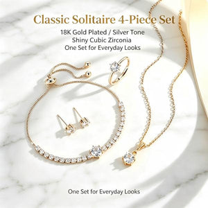 18K Gold Plated Cubic Zirconia 4Pcs Jewelry Set for Women, Dainty Solitaire Pendant Necklace Tennis Bracelet Stud Earrings Adjustable Ring, Tarnish Resistant Hypoallergenic Daily Wear Gift