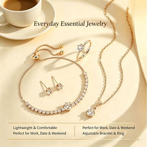 18K Gold Plated Cubic Zirconia 4Pcs Jewelry Set for Women, Dainty Solitaire Pendant Necklace Tennis Bracelet Stud Earrings Adjustable Ring, Tarnish Resistant Hypoallergenic Daily Wear Gift