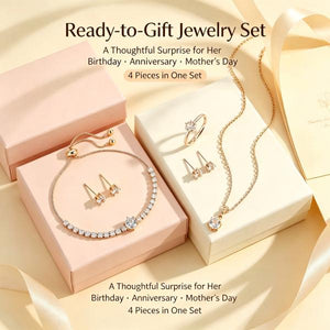 18K Gold Plated Cubic Zirconia 4Pcs Jewelry Set for Women, Dainty Solitaire Pendant Necklace Tennis Bracelet Stud Earrings Adjustable Ring, Tarnish Resistant Hypoallergenic Daily Wear Gift